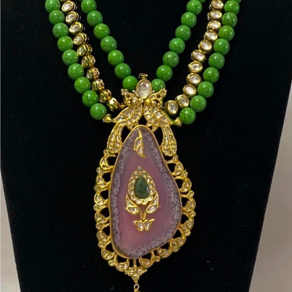 Artisan Bohemian Elegant Gold and Green Onyx Pendant Statement Necklace Large